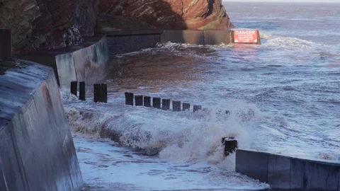 Large Waves Break On Causeway Before Storm In Somerset Town Stock Footage 252597050