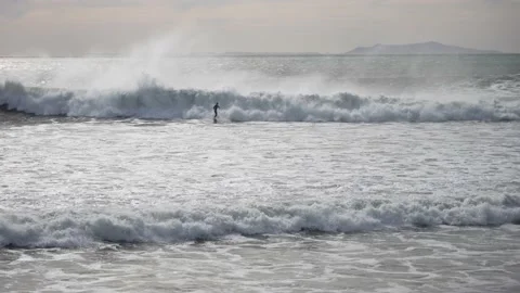 Large waves caused by Santa Ana winds in Ventura, CA Stock Footage 144797258