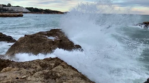 Large waves crash into the rocks on the Atlantic coast. Portugal. Stock Footage 87495223
