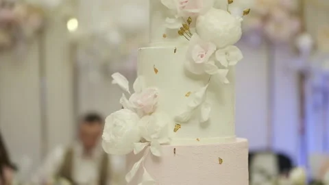 Large wedding cake of white pink hue Stock Footage 143013890