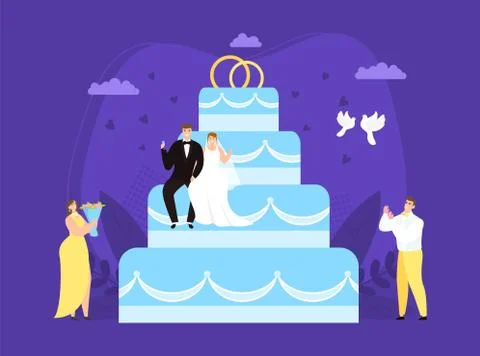 Large wedding couple cake concept, vector illustration. Bride groom character on Ilustração Stock