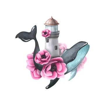 Large whale, lighthouse with pink anemone flowers. Watercolor illustration, hand Stock Illustration