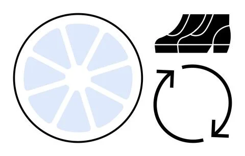 Large wheel shape, stylized shoe sole, and circular arrow indicate motion, pr Stock Illustration