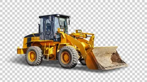 Large wheeled front loader or bulldozer on a white isolated background. const Foto stock