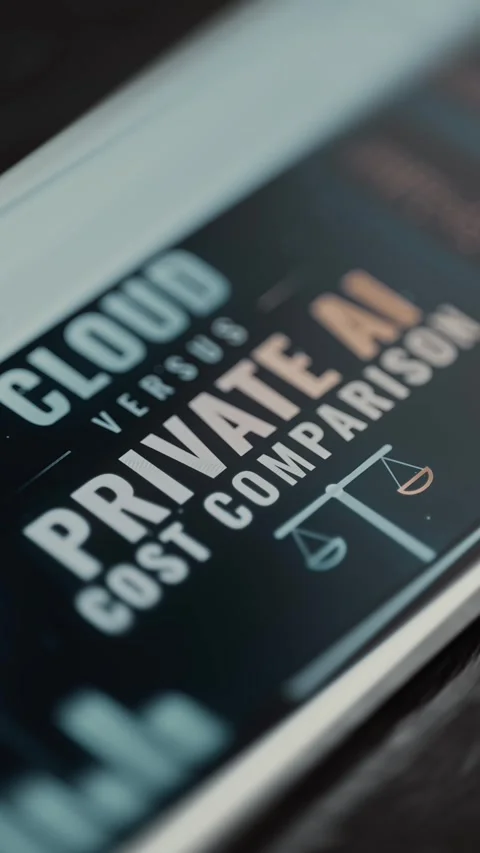Large white and bronze lettering reads Cloud versus Private AI Cost Comparison Stock Footage 343375429