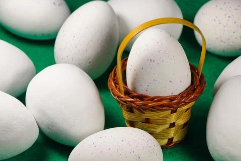 Large White And Speckled Candy Easter Eggs With Basket Stock Photos