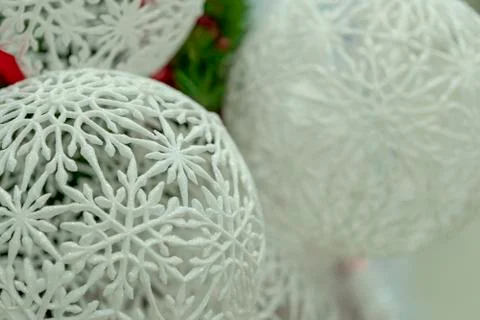 Large white balls, lace pattern, Christmas decorations, wreaths and balls, Ne Stock Photos