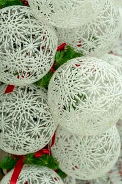 Large white balls, lace pattern, Christmas decorations, wreaths and balls, Ne Stock Photos