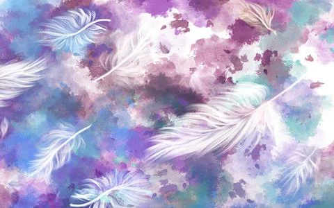 Large white blurry feathers on grunge spotted multicolored background Stock Illustration