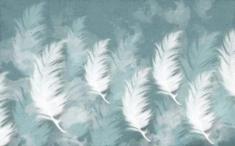 Large white blurry flying feathers on a green grunge background Stock Illustration