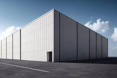 A large white building with sharp corners in a minimalistic style. Ilustración de archivo