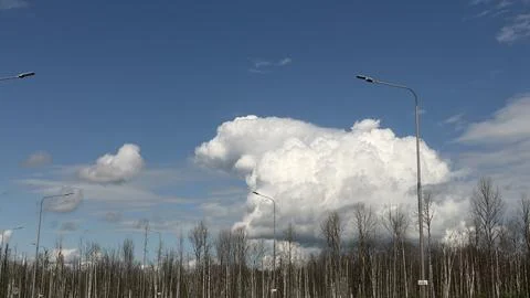 Large white cumulus cloud in a bright blue sky towering over a row of bare Stock Photos