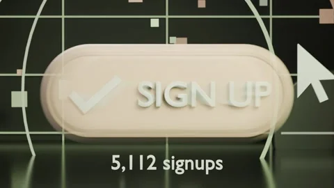 Large white cursor arrow moving then clicking rounded SIGN UP button in 3D scene Stock Footage 339194048