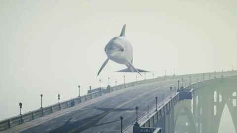 A large white dolphin is flying over a bridge Ilustração Stock
