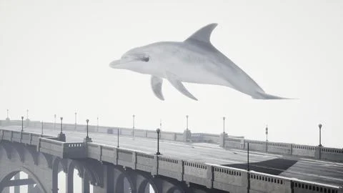 A large white dolphin is flying over a bridge Ilustração Stock