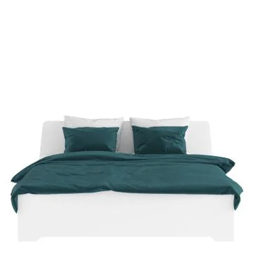 A large white double bed with pillows and a blanket on a white background. 3d Stock Illustration