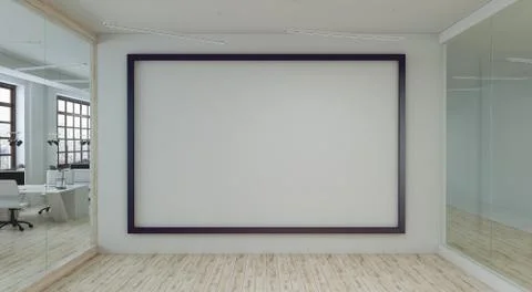 Large white empty wall with canvas in empty meeting room. 3d rendering Stock Illustration