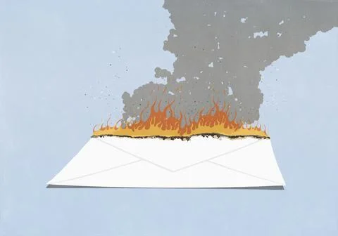Large white envelope burning on blue background Stock Illustration