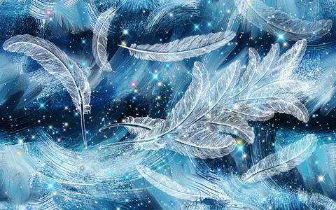 Large white feathers against the background of a snowy starry sky Stock Illustration