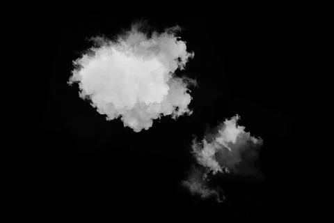 Large white fluffy cloud and small cloud isolated on black background Stock Photos