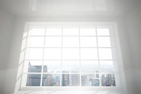 Large white grid-pattern window is framing city skyline with MetLife sign inside Stock Illustration