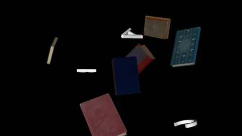 Large white letters collide with old books that rotate against a black Stock Footage 155664782