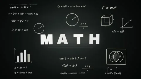 Large white letters spelling the word MATH surrounded by various mathematic.. Vídeo Stock 344149488