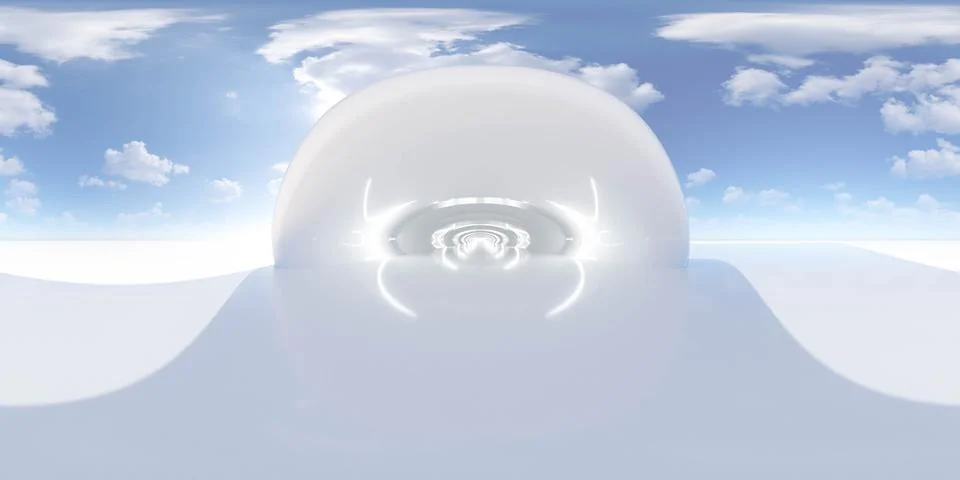 Large white object in the middle of a abstract landscape blue sky 360 panorama 库存插图
