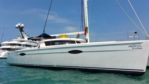 Large white sailing catamaran without sails, view around the boat Stock-Footage 170118130