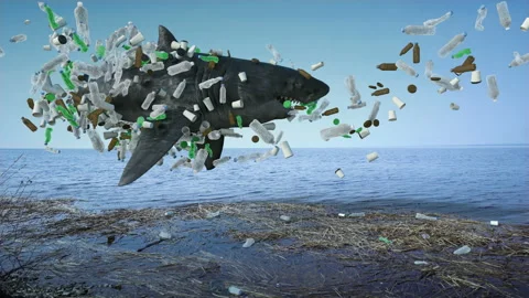 A large white shark flies over the surface of the ocean surrounded by plastic Stock Footage 129734614