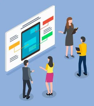 Large white stand with tablet or smartphone. Group of people communicates or Stock Illustration