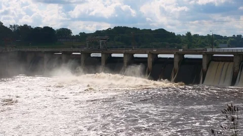 Large Wide Dam With Which Goes Stormy Water Draining Stock Footage 84496730