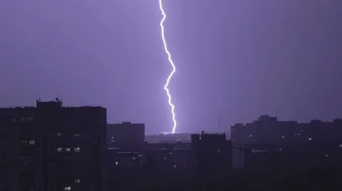 Large wide lightning bolt strikes night city, sounds of rain and thunder Stock Footage 57889832