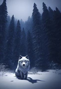 Large wild wolf standing in the middle snow forest meadow landscape illustrat Stock Illustration