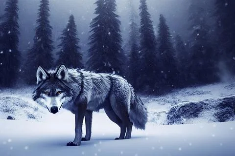 Large wild wolf standing in the middle snow forest meadow landscape illustrat Stock Illustration