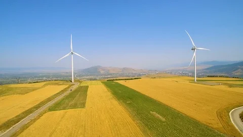 Large wind power generators panorama drone view 스톡 동영상 94536088