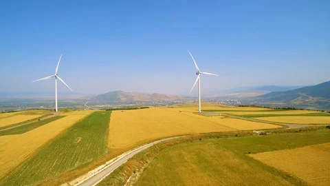 Large wind power generators panorama aerial view 스톡 동영상 94536281