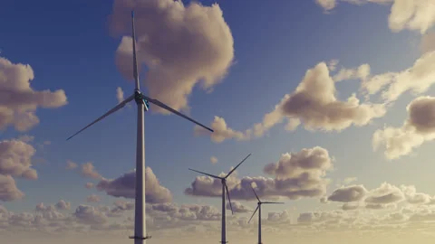 Large wind turbines generating electricity against the backdrop clouds. Stock Footage 230129897