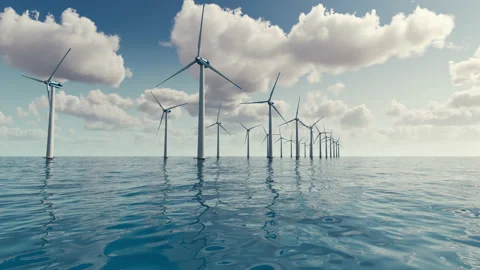 Large wind turbines generating electricity on the sea Stock Footage 230730823