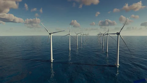 Large wind turbines generating electricity on the sea Video stock 230926066