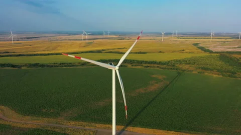 Large windmill turbines in field, wind energy, drone view. Alternative energy Stock Footage 163786464