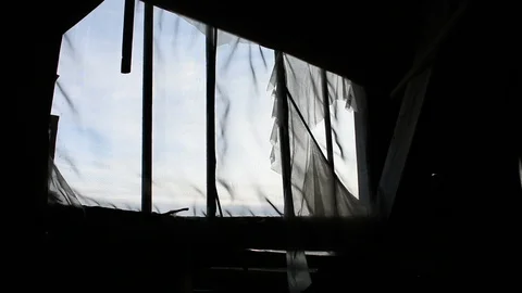 Large window of an abandoned house, interior, low angle Stock Footage 123110108