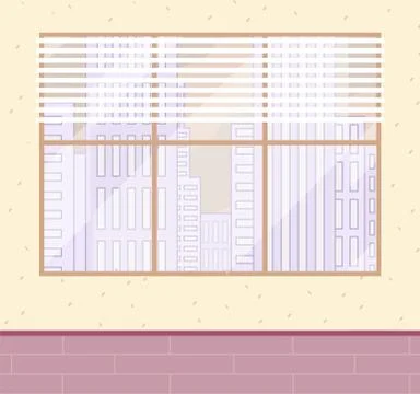 Large window with cityscape. Blinds, beige wall, pink floor. Office space. Flat イラスト素材