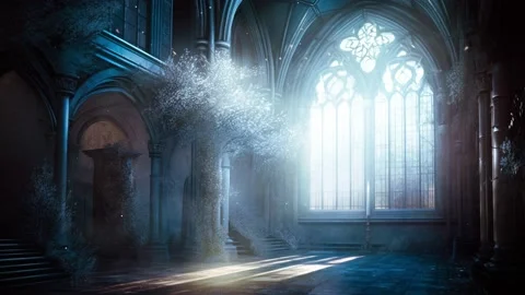 Large window of this empty abbey. faith and serenity hovers in these window.. Video stock 239677934