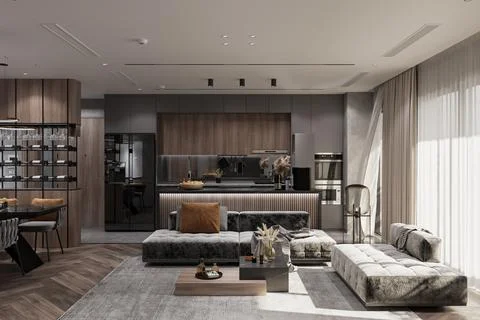 A Large Window In front of a Stylish Modular Sofa next to the Kitchen and D.. Stock Photos