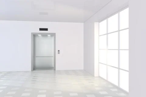 Large window with light on floor near of empty elevator cabin Stock Illustration