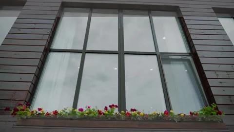 Large window outside. Flower pots on the windowsill from the street side. Stock Footage 135009705