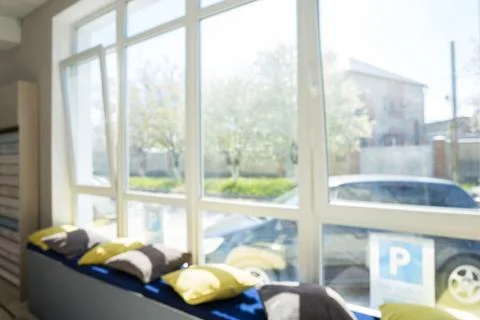 Large window with sunlight in the bluer. background for design Stock Photos