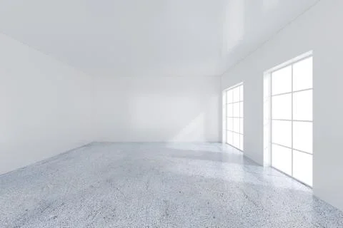 Large window in white room with a bright light. 3D rendering Illustrazione stock