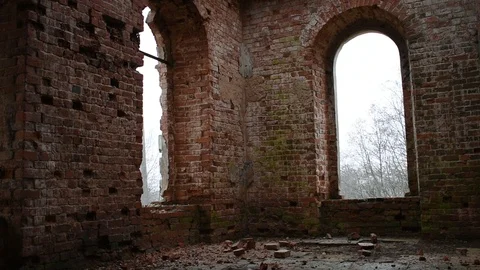 Large windows of an old building, ruins Stock Footage 122238709